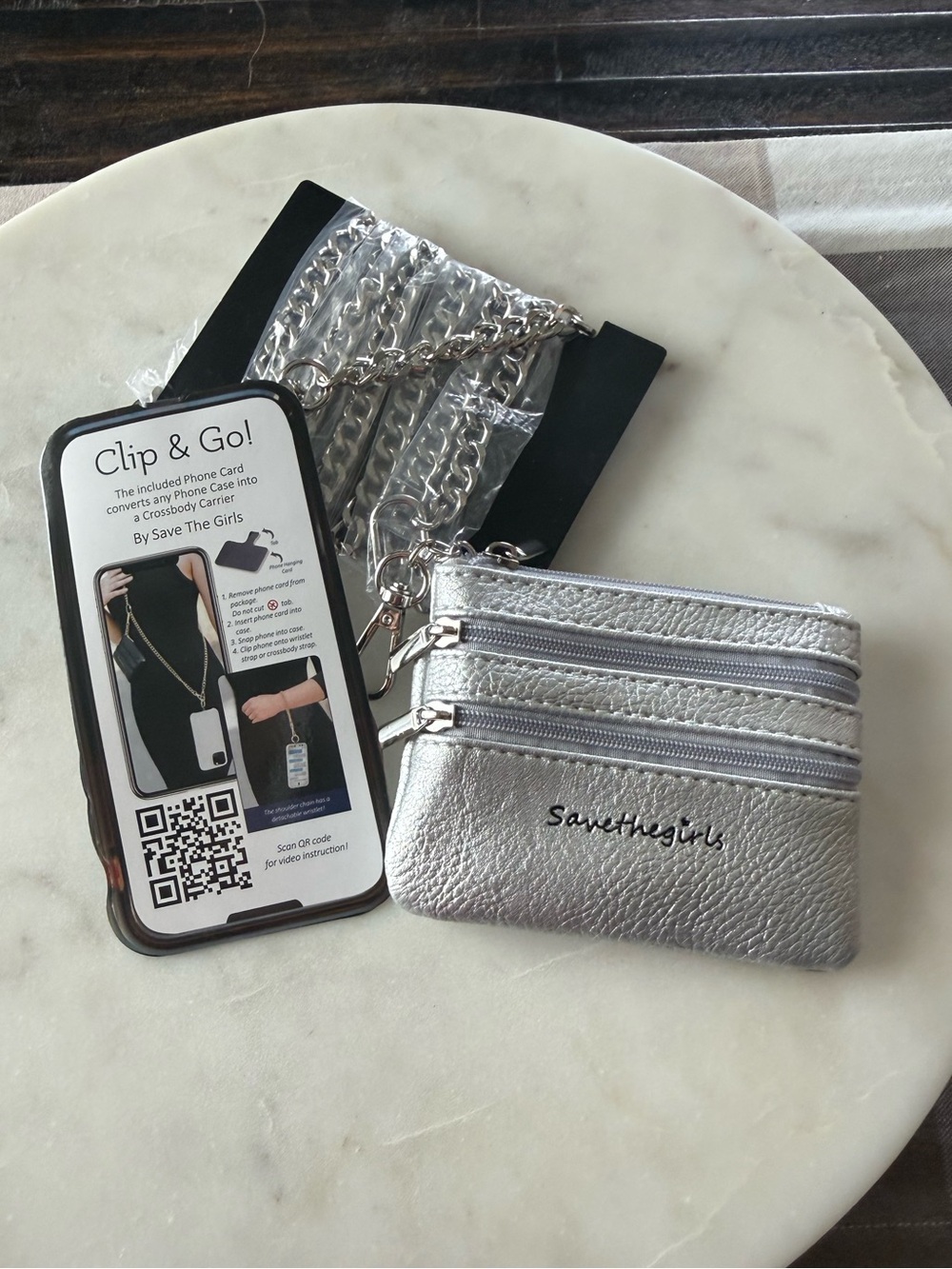Save the Girls Clip & Go Silver Chain & Mini Pouch NWT